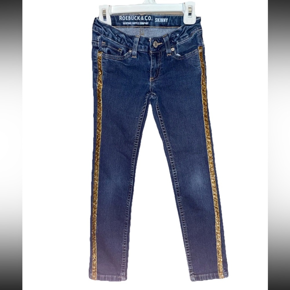 Roebuck & Co. Girls Skinny Jeans Gold Glitter Accents from Sears Sz 7 Adj Bands